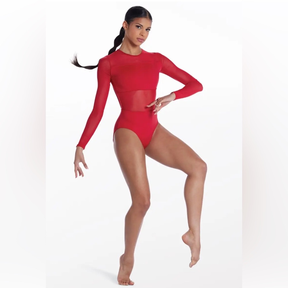 Weissman Mesh Illusion Bandeau Leotard in Red MC (fits more like an LC)
